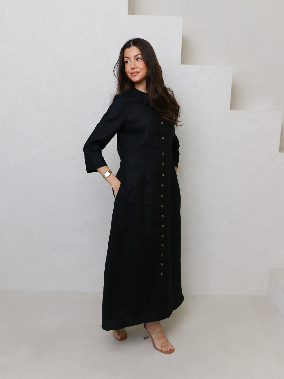 Cypress Linen Shirt Dress-Black
