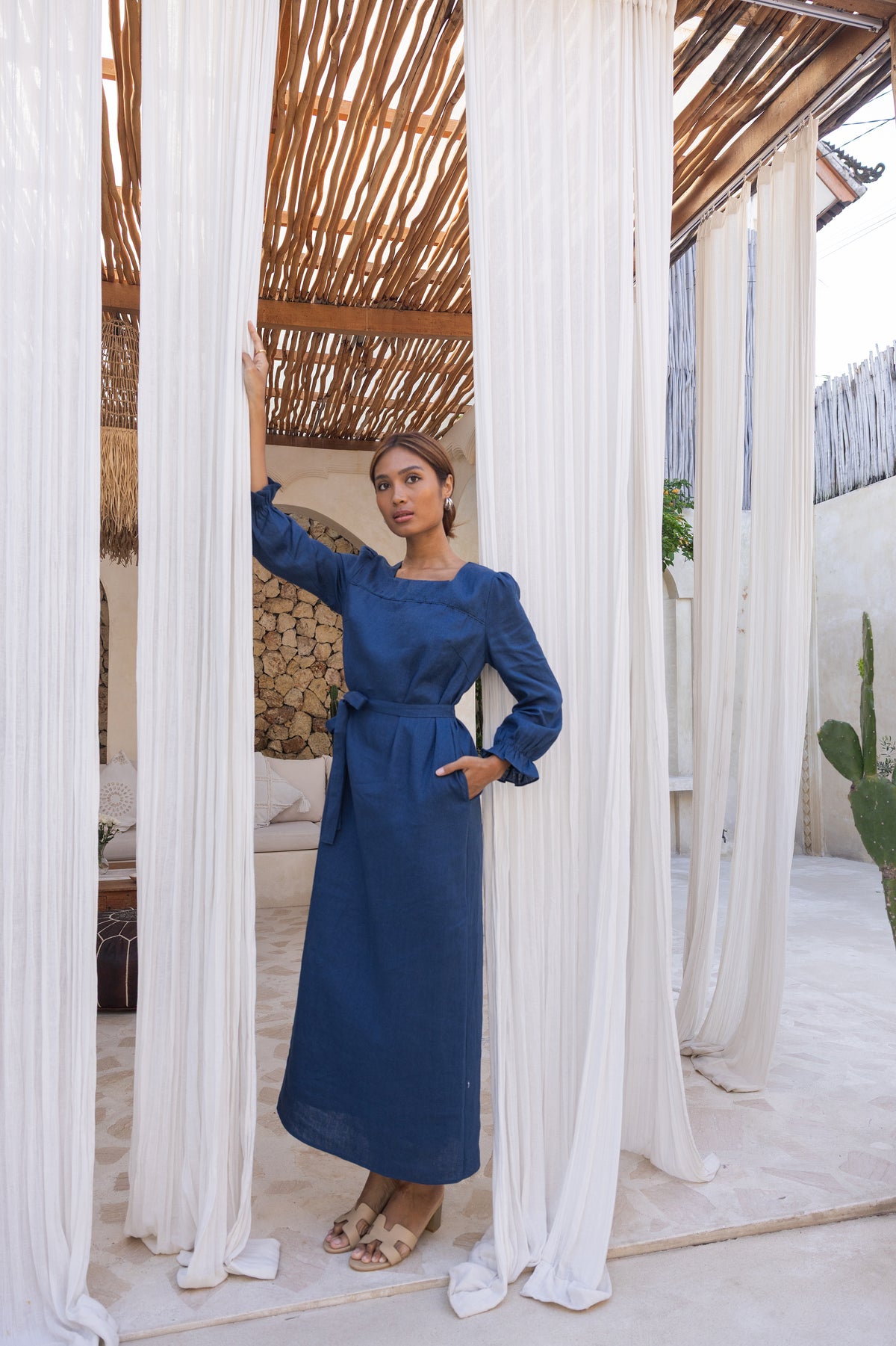 Ember linen Straight Dress-Navy Blue