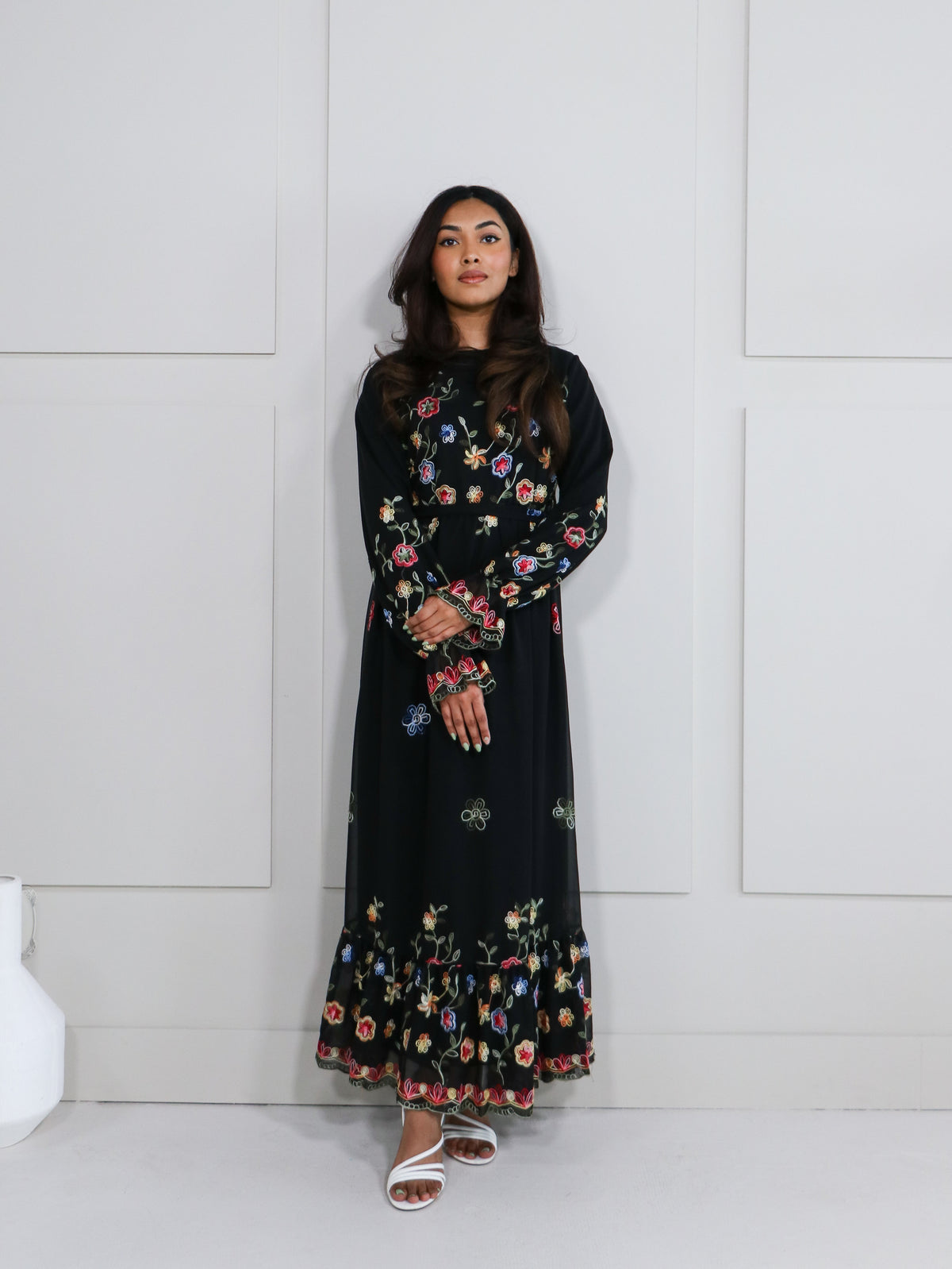 Amani Black Chiffon Embroidered Maxi Dress