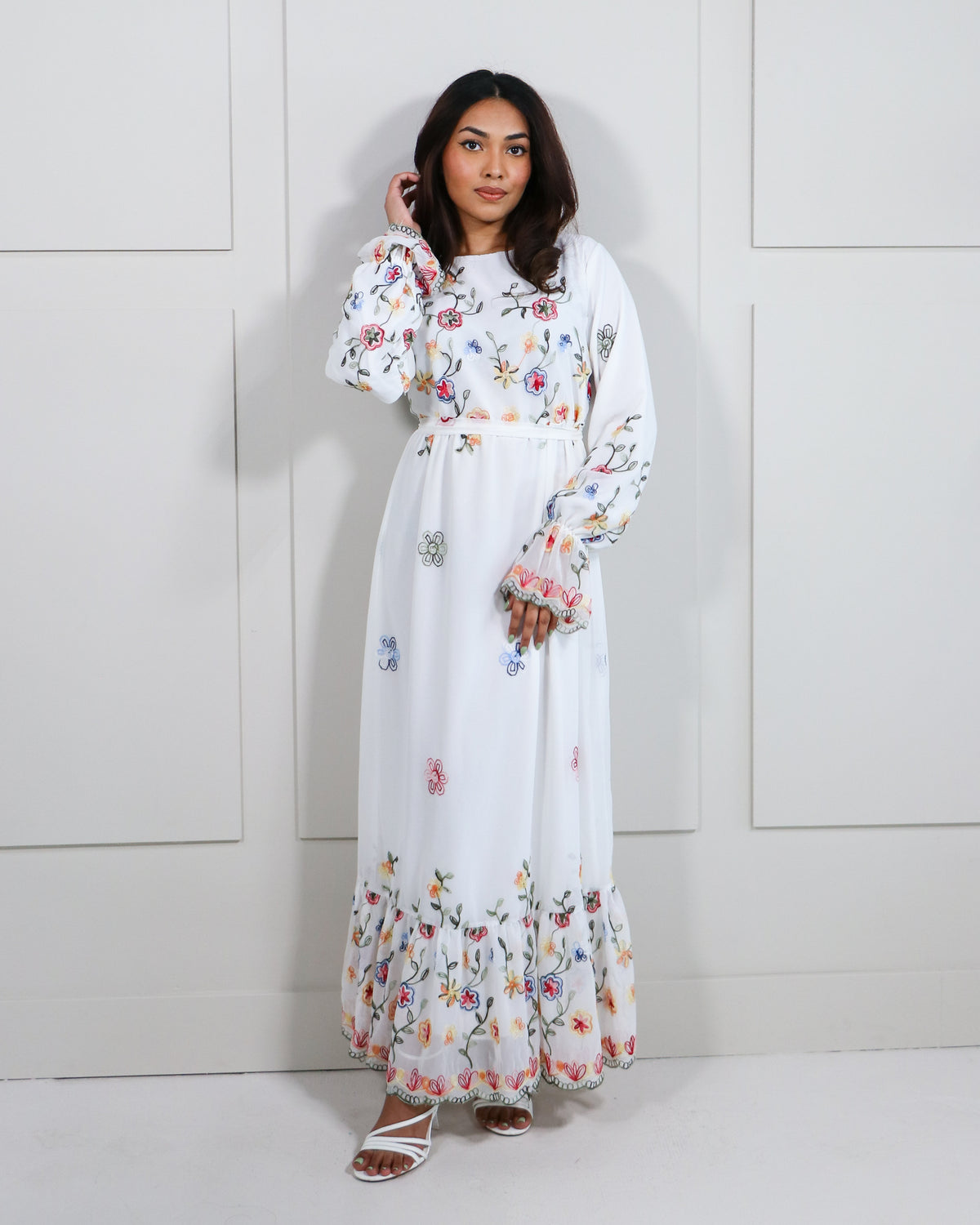 Amani White Embroidered Chiffon Maxi Dress